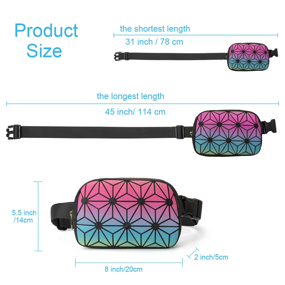 Marsupio geometrico multicolore, dimensioni regolabili: lunghezza 78-114 cm, altezza 14 cm, larghezza 20 cm. Design moderno, accessorio moda unisex.