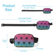 Marsupio geometrico multicolore, dimensioni regolabili: lunghezza 78-114 cm, altezza 14 cm, larghezza 20 cm. Design moderno, accessorio moda unisex.