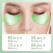 Cerotti occhi verdi idratanti su viso femminile, migliorano luminosità, compattezza e levigatezza. Trattamento skincare efficace e naturale.