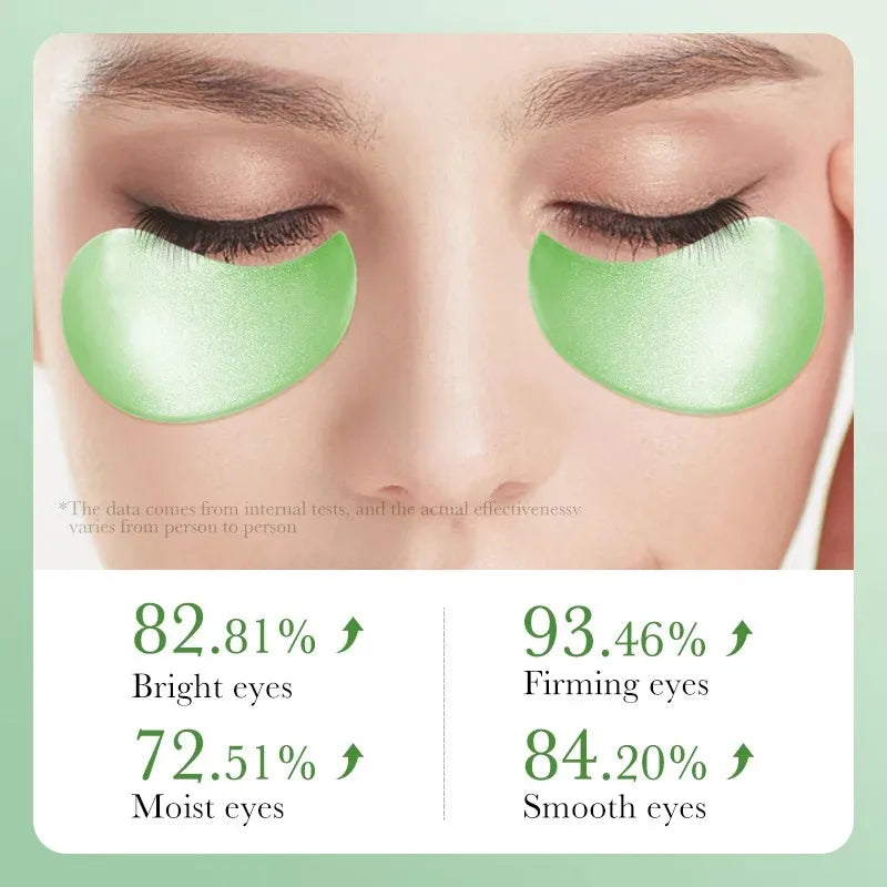 Cerotti occhi verdi idratanti su viso femminile, migliorano luminosità, compattezza e levigatezza. Trattamento skincare efficace e naturale.