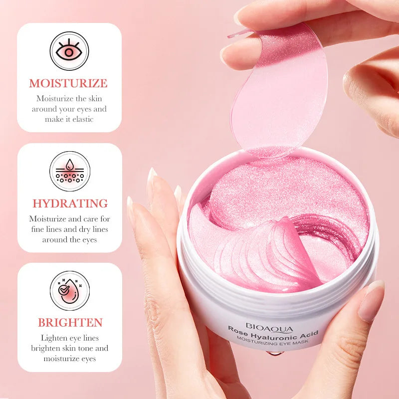 Maschera occhi idratante Bioaqua all'acido ialuronico rosa, confezione aperta, texture scintillante, idratazione e luminosità per contorno occhi.