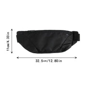 Marsupio nero impermeabile, dimensioni 32,5x11 cm, con cerniera e cintura regolabile. Accessorio pratico per sport e viaggi.