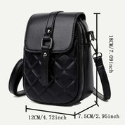 Borsa a tracolla nera in pelle trapuntata, dimensioni 18x12x7.5 cm, con chiusura a fibbia e cerniera, ideale per moda donna e accessori eleganti.