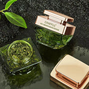 Vasetti di crema viso Chafful su sfondo nero con foglie verdi. Design elegante, texture lussuosa. Cosmetici skincare di alta qualità.