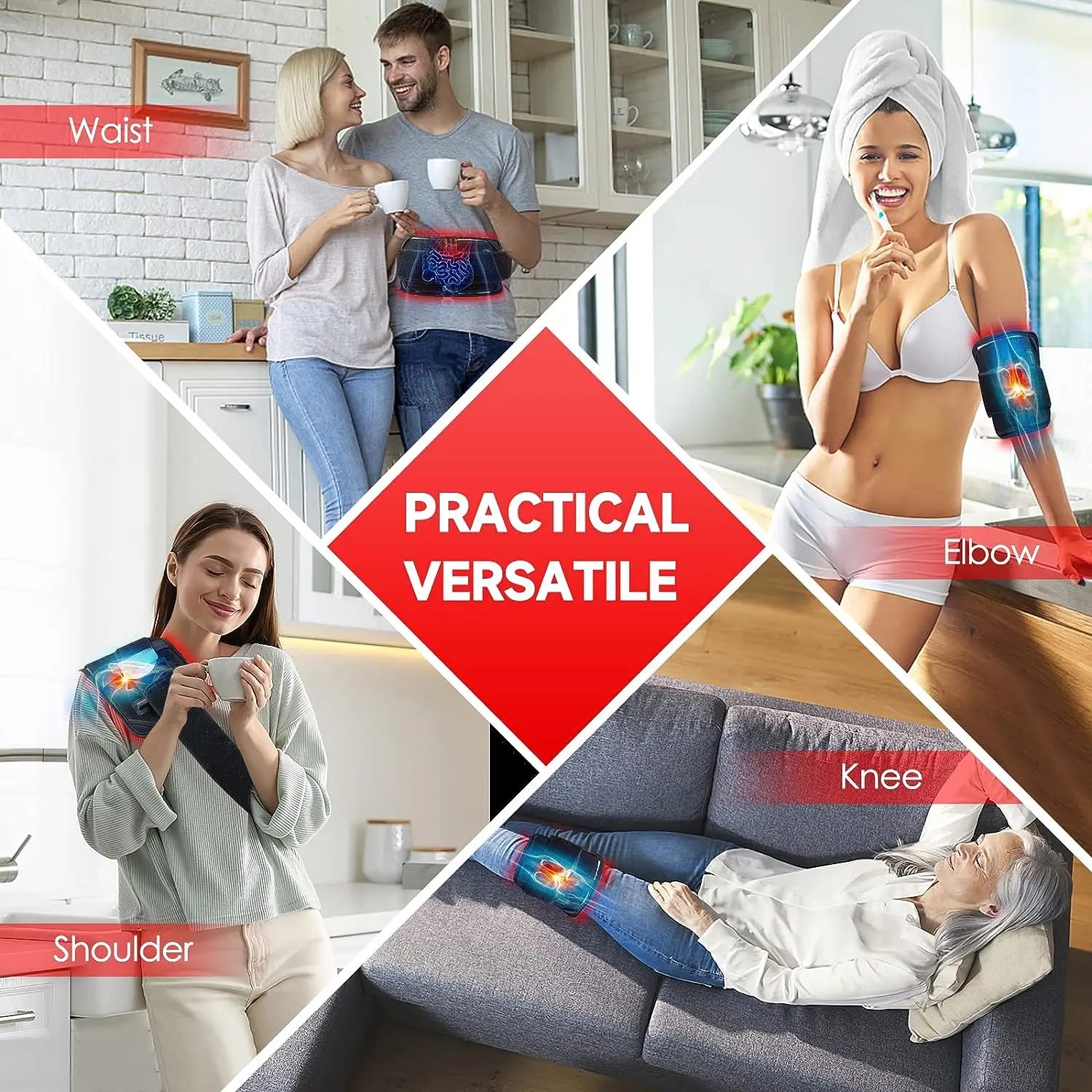 Dispositivo termico multifunzionale per sollievo dal dolore, utilizzabile su vita, gomito, spalla e ginocchio. Ideale per comfort domestico.