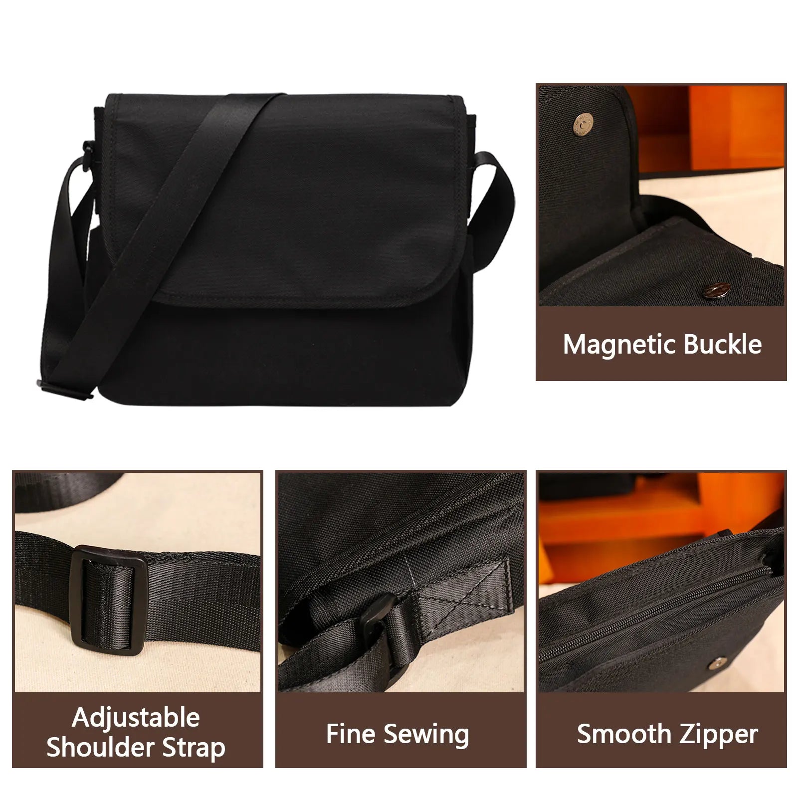 Borsa a tracolla nera con tracolla regolabile, chiusura magnetica, cuciture fini e cerniera liscia. Ideale per lavoro e viaggio.