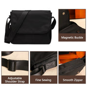 Borsa a tracolla nera con tracolla regolabile, chiusura magnetica, cuciture fini e cerniera liscia. Ideale per lavoro e viaggio.
