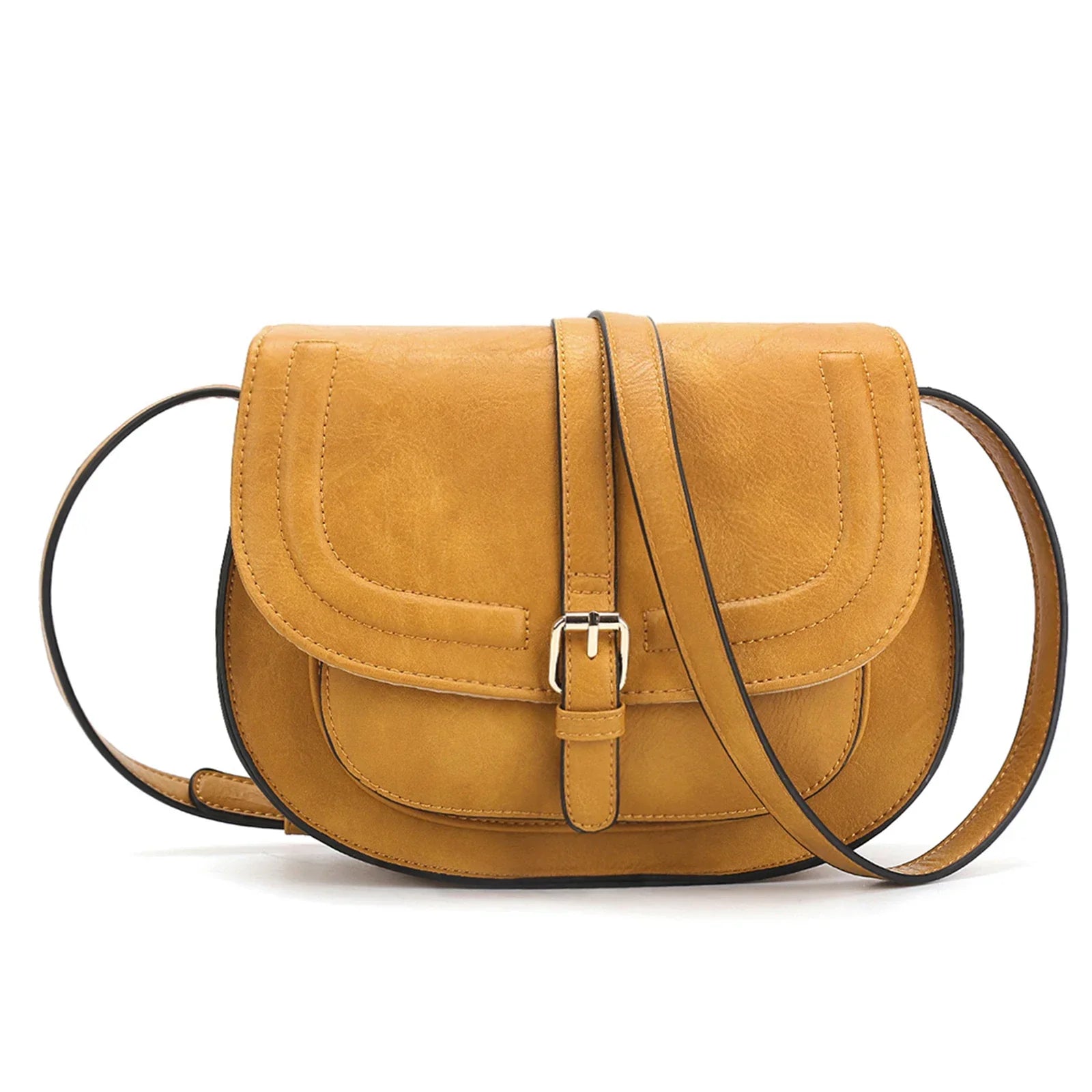 Borsa a tracolla in pelle marrone chiaro, design elegante con fibbia frontale. Accessorio moda donna, stile casual chic.