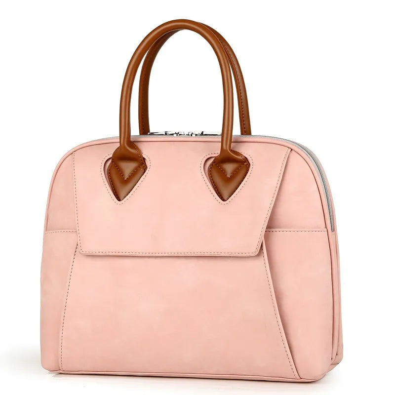 Borsa a mano donna in pelle rosa con manici marroni, design elegante e moderno, ideale per moda femminile e accessori di lusso.