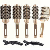Set di spazzole per capelli professionali in ceramica dorata, include 5 spazzole rotonde e 2 clip nere, ideale per styling e asciugatura.