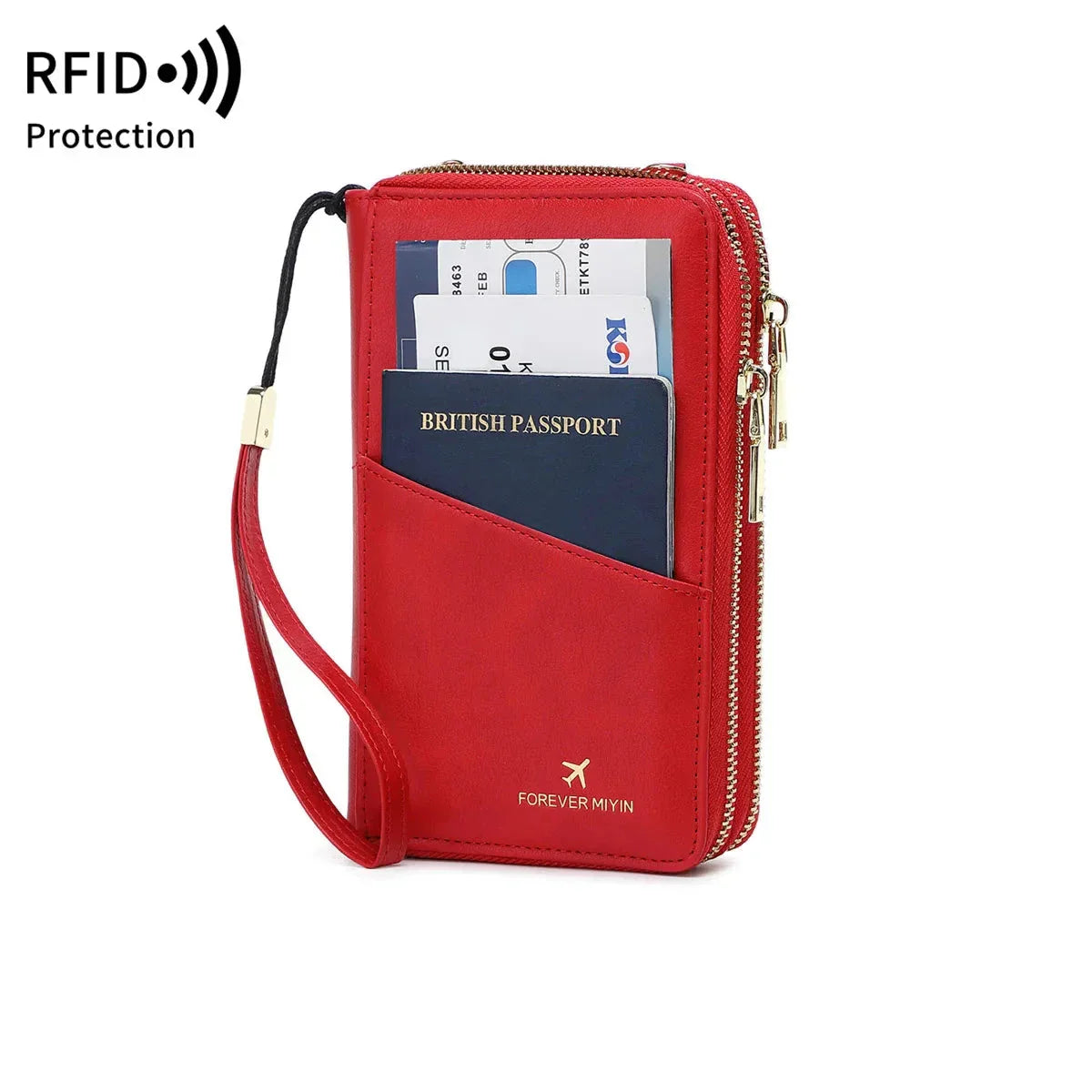 Portafoglio da viaggio rosso con protezione RFID, tasche per passaporto e carte di credito, chiusura a zip, cinturino da polso, ideale per viaggi sicuri.