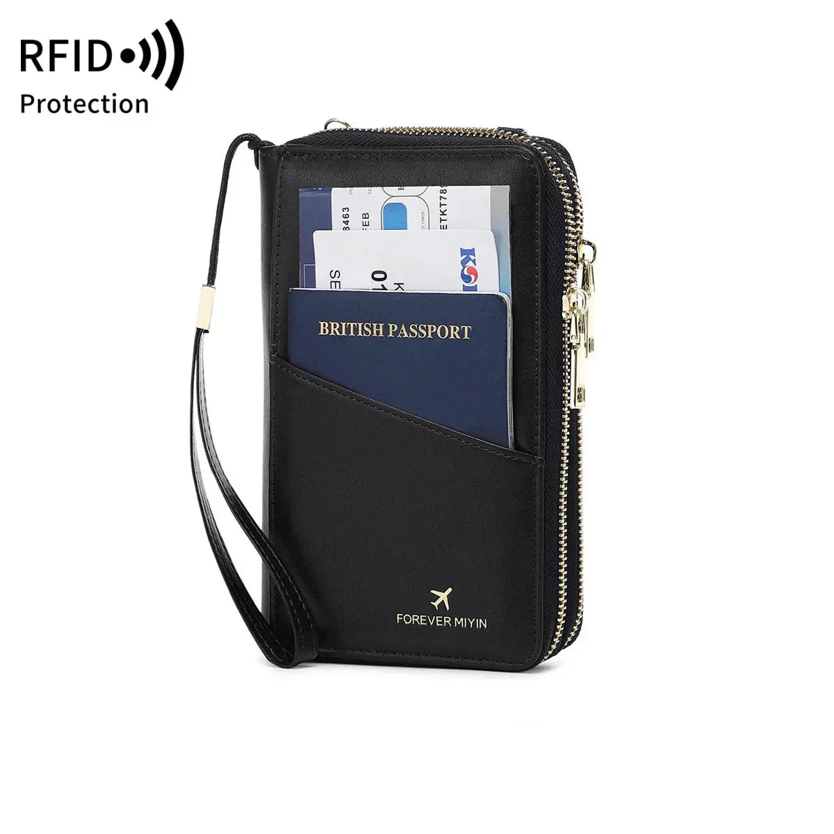 Portafoglio da viaggio nero con protezione RFID, tasche multiple per passaporto, carte di credito e biglietti. Design compatto e sicuro.