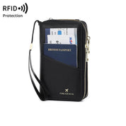 Portafoglio da viaggio nero con protezione RFID, tasche multiple per passaporto, carte di credito e biglietti. Design compatto e sicuro.