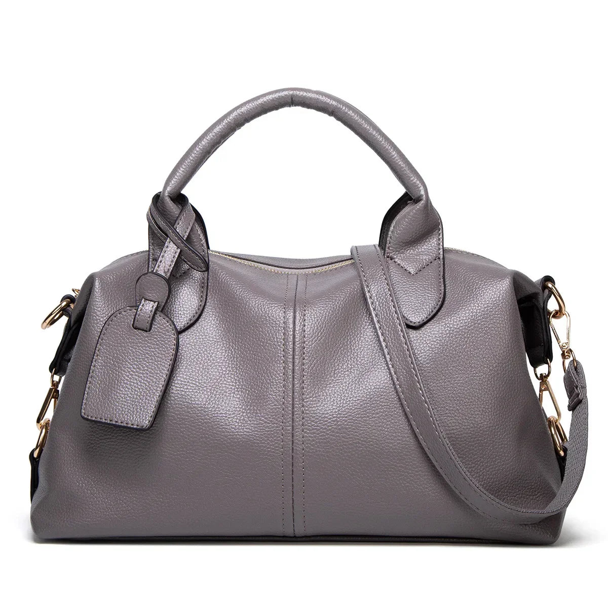 Borsa a mano in pelle grigia con tracolla regolabile, dettagli in metallo dorato e targhetta. Elegante e spaziosa, ideale per ogni occasione.