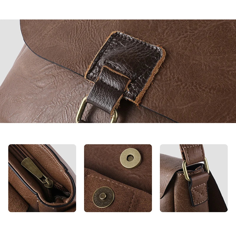 Borsa a tracolla in pelle marrone con dettagli in metallo, chiusura magnetica e cerniera robusta. Design elegante e resistente per uso quotidiano.