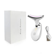 Dispositivo massaggiatore viso a LED bianco con cavo USB e confezione. Strumento bellezza per cura pelle, anti-invecchiamento, rassodante.