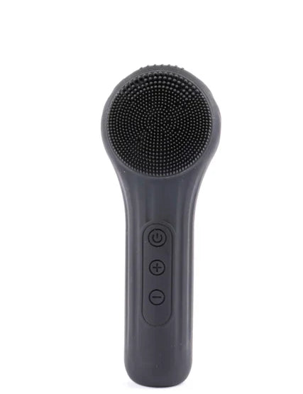 Spazzola viso elettrica nera con setole in silicone, manico ergonomico e pulsanti di controllo. Dispositivo pulizia viso, cura della pelle.