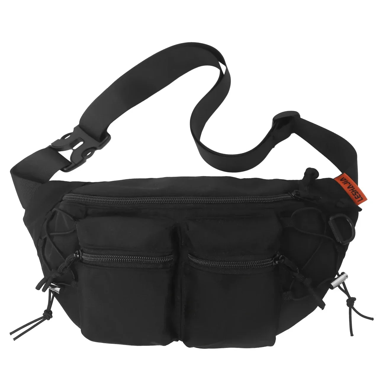 Marsupio nero con doppia tasca frontale con zip, cinturino regolabile e chiusura a fibbia. Design pratico e moderno, ideale per viaggi e attività all'aperto.
