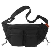 Marsupio nero con tasche multiple e cerniere, cintura regolabile, design unisex, ideale per viaggi e attività all'aperto. Accessorio moda pratico.