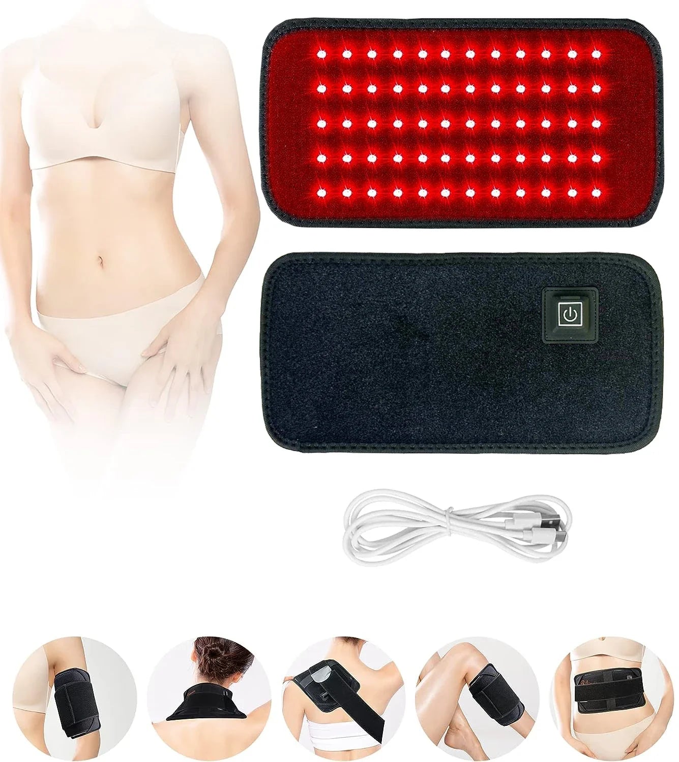 Dispositivo terapia luce rossa LED per sollievo muscolare, include fascia regolabile e cavo USB. Ideale per schiena, collo, braccia e addome.