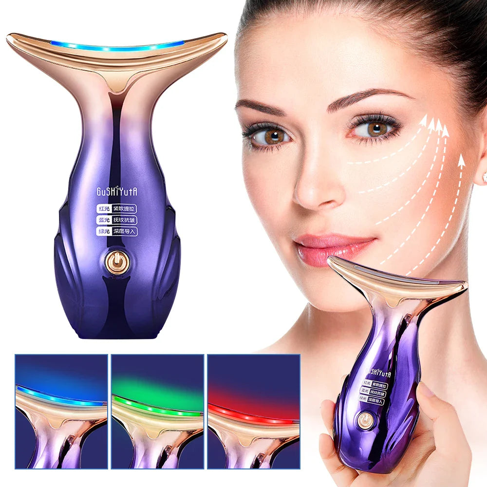 Dispositivo massaggio viso LED, anti-età, lifting, con luci blu, verde, rosso. Strumento bellezza pelle, rassodante, cura viso donna.