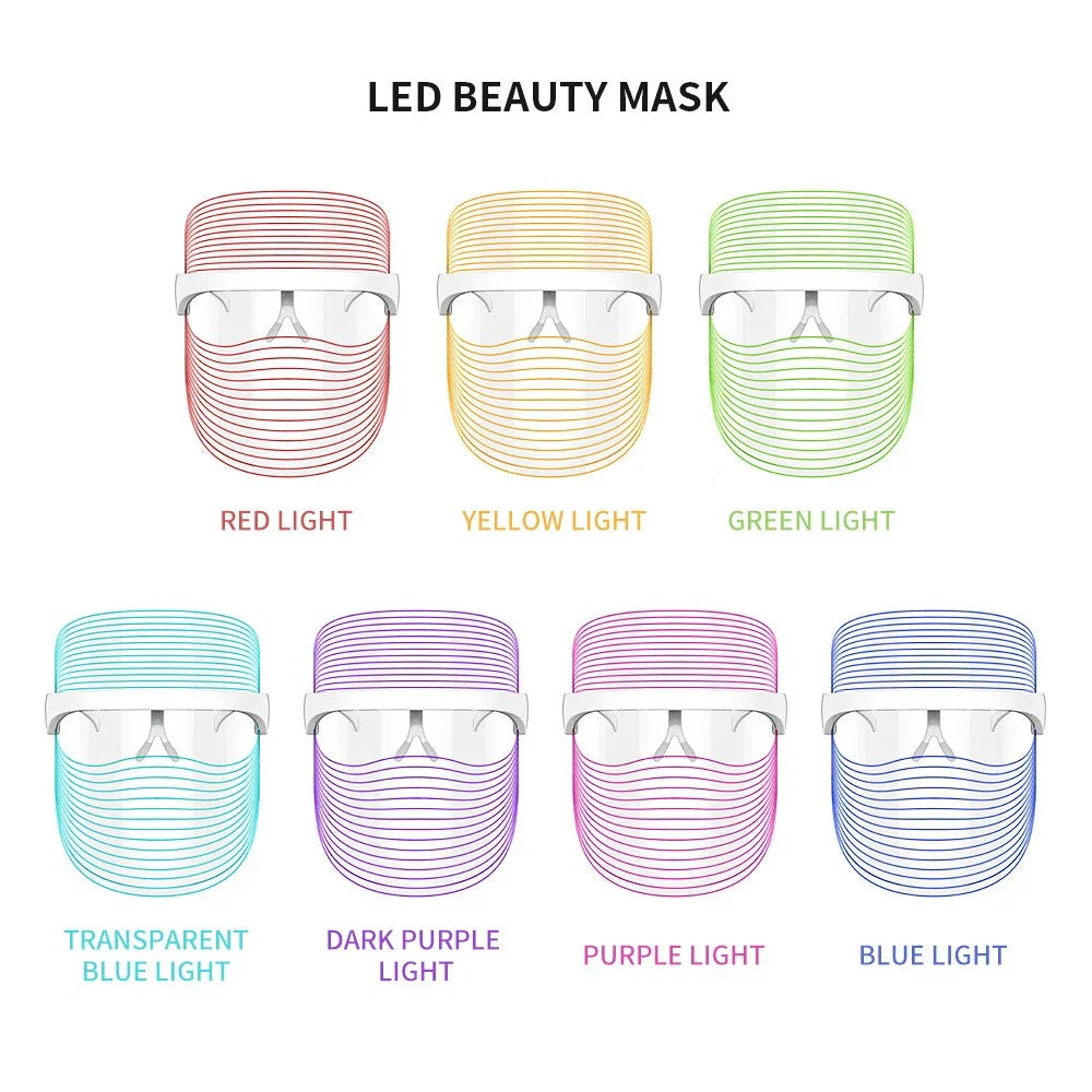 Maschera LED per il viso in 7 colori: rosso, giallo, verde, blu, viola scuro, viola, blu trasparente. Trattamento bellezza, terapia luce LED.