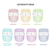Maschera LED per il viso in 7 colori: rosso, giallo, verde, blu, viola scuro, viola, blu trasparente. Trattamento bellezza, terapia luce LED.