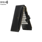 Portafoglio nero in pelle con protezione RFID, design a fisarmonica, chiusura a zip, scomparti per carte di credito, ideale per sicurezza e organizzazione.
