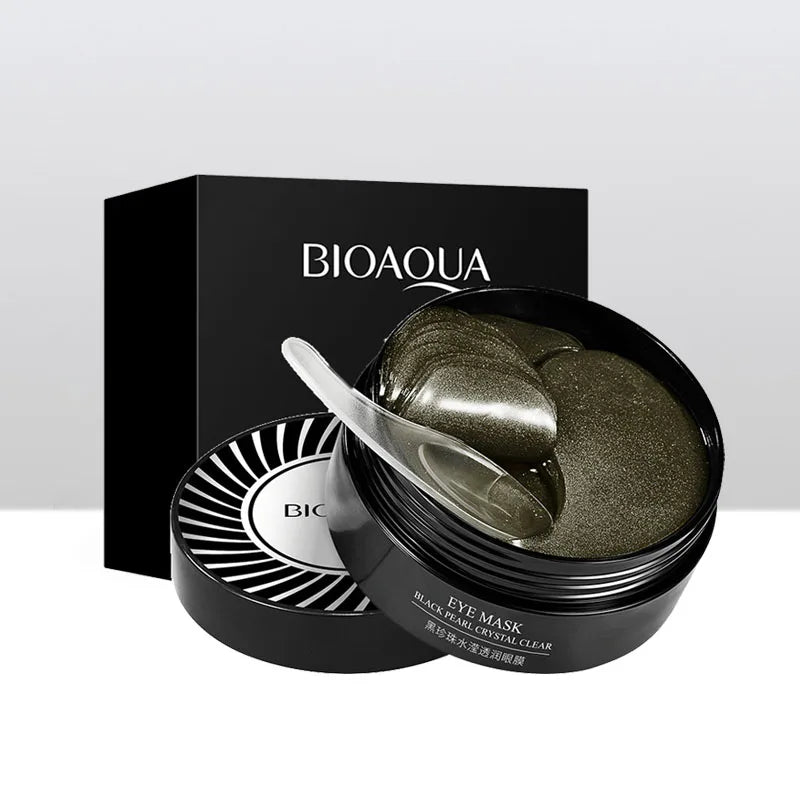 Maschera occhi Bioaqua al collagene nero, confezione da 60 pezzi, idratante e anti-età, con scatola elegante e cucchiaio applicatore incluso.