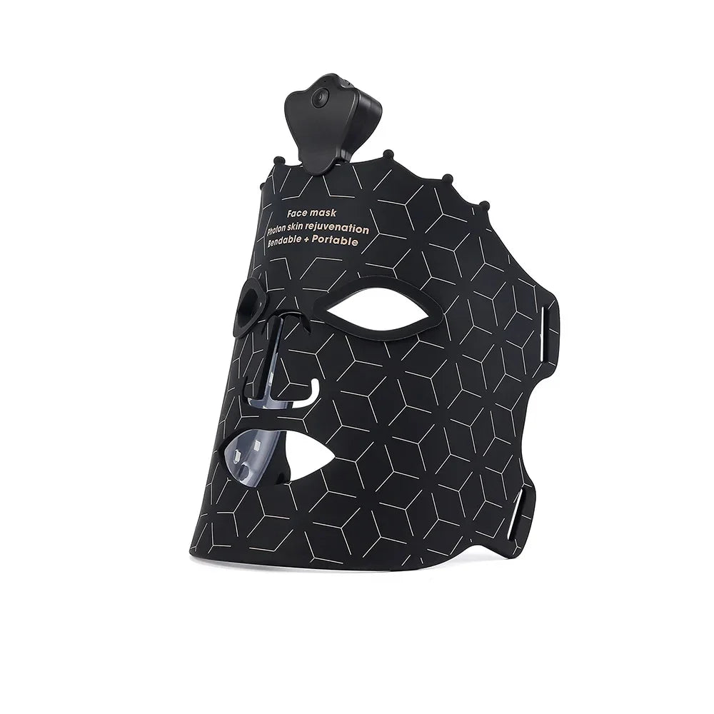Maschera LED nera per ringiovanimento facciale, design geometrico, portatile, terapia luce, cura pelle, anti-invecchiamento, bellezza viso.