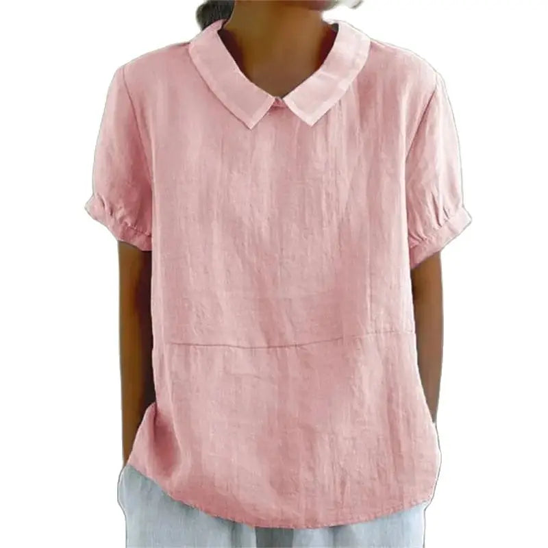 Camicia donna rosa in lino, maniche corte, colletto classico, stile casual. Ideale per look estivi e primaverili. Moda femminile elegante.