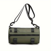 Borsa a tracolla cilindrica verde oliva, design moderno, doppia cerniera, cinturini regolabili, ideale per viaggi e uso quotidiano.