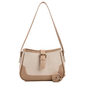 Borsa a tracolla beige in pelle e tessuto, design elegante con fibbia dorata, ideale per moda donna, accessorio versatile e chic.