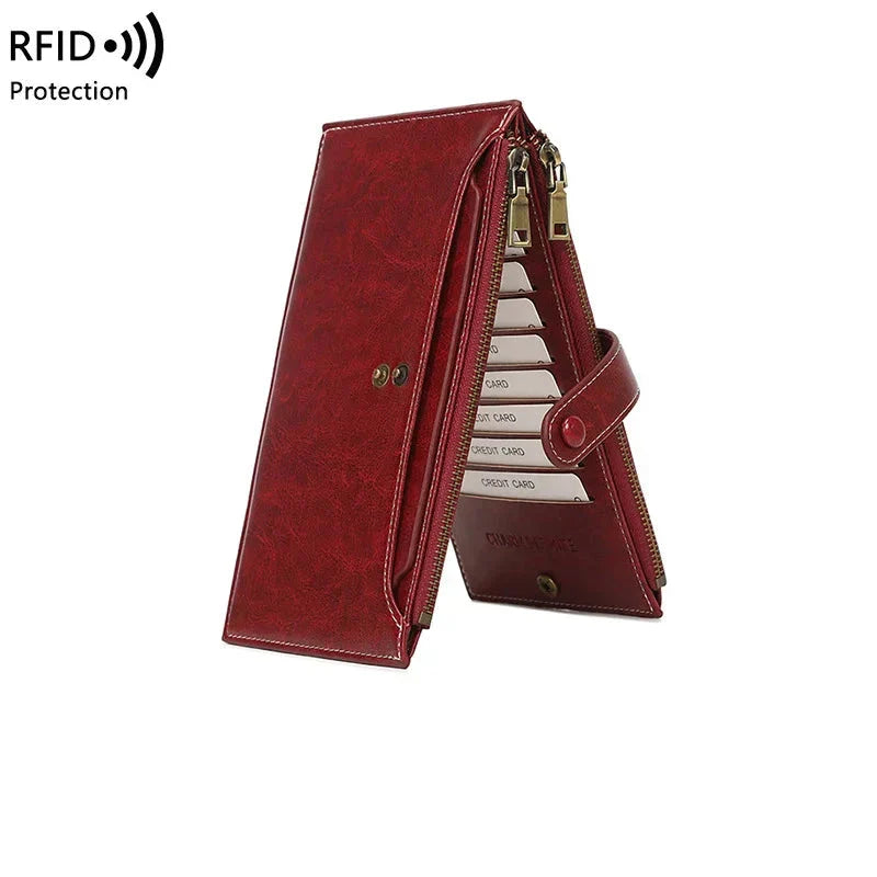 Portafoglio donna in pelle rossa con protezione RFID, design elegante, chiusura a zip, scomparti multipli per carte, ideale per sicurezza e stile.