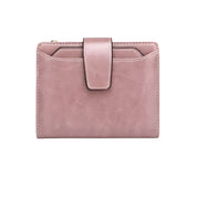 Portafoglio donna in pelle rosa con chiusura a bottone, design compatto e moderno, ideale per carte e contanti. Accessorio moda elegante.