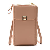 Borsa a tracolla in pelle beige, design elegante e minimalista, chiusura con fibbia dorata, ideale per smartphone e accessori.
