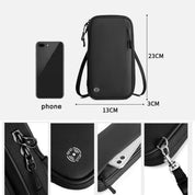 Custodia nera per smartphone con protezione RFID, dimensioni 23x13x3 cm, chiusura a zip, tracolla regolabile, compatibile con vari modelli di telefono.