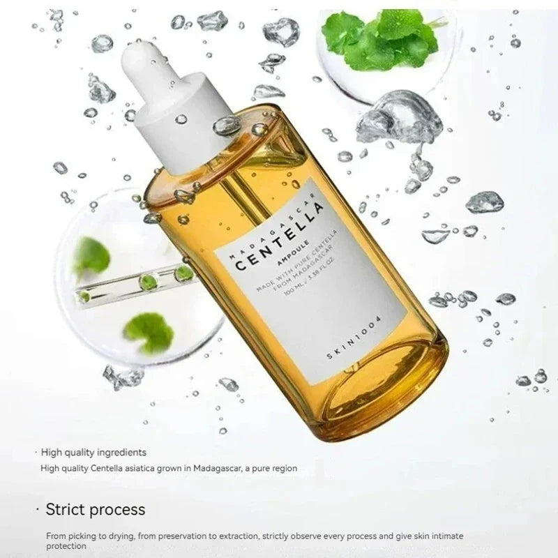 Bottiglia di siero Centella Asiatica con contagocce, ingredienti naturali, estratto di Centella del Madagascar, cura della pelle, idratazione profonda.