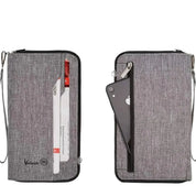 Portafoglio da viaggio grigio con cerniera, tasche esterne per smartphone e documenti, design compatto e resistente, ideale per viaggiatori.