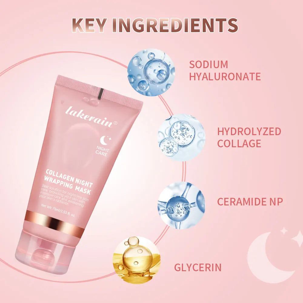 Maschera notte al collagene Lakerain, 75 ml, con sodio ialuronato, collagene idrolizzato, ceramide NP e glicerina. Cura della pelle notturna.