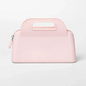 Borsa a mano rosa chiaro in pelle sintetica con manico integrato e chiusura a zip, design elegante e moderno, accessorio moda donna.