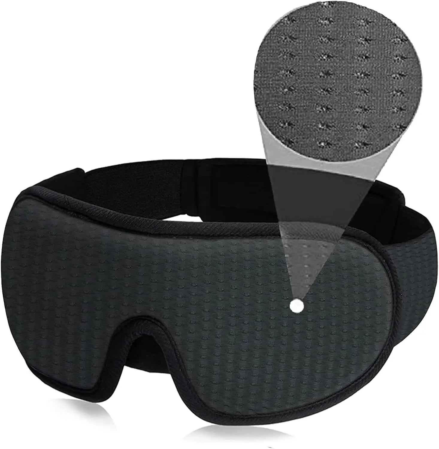 Maschera per dormire nera in tessuto traspirante, design ergonomico, blocco totale della luce, ideale per viaggi e relax. Accessorio per il sonno.