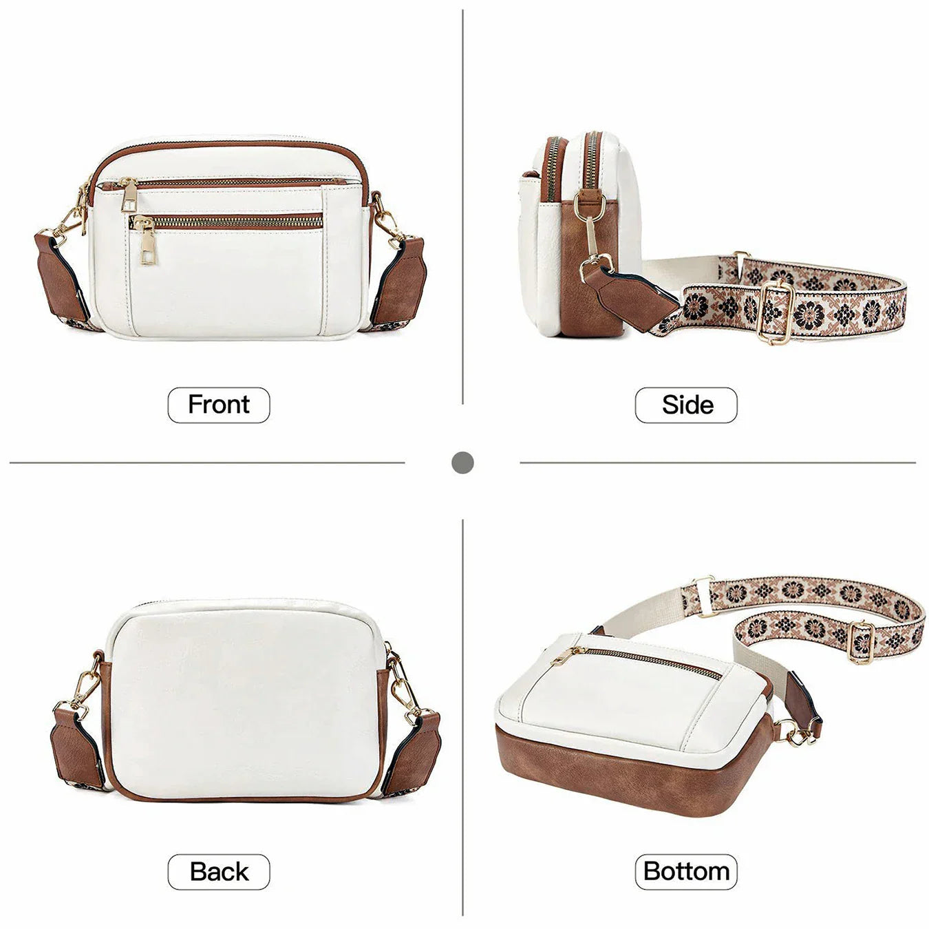 Borsa a tracolla donna in pelle bianca e marrone, vista frontale, laterale, posteriore e inferiore, con tracolla regolabile decorata.