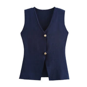 Gilet donna blu scuro senza maniche, scollo a V, chiusura a due bottoni dorati, elegante e versatile per abbigliamento casual o formale.
