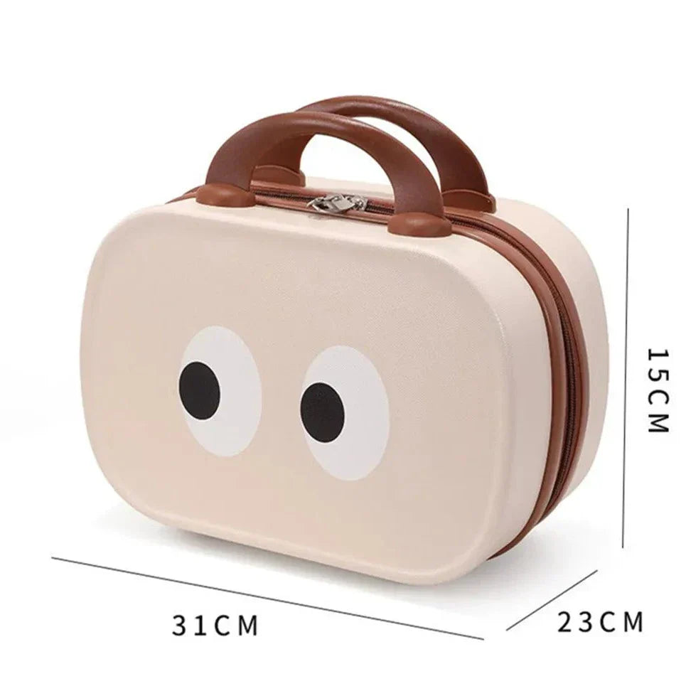 Valigia per bambini beige con occhi decorativi, dimensioni 31x23x15 cm, manico marrone, ideale per viaggi e scuola.