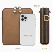 Custodia in pelle marrone per iPhone 13, dimensioni 18,5x15x3,5 cm, con doppia cerniera e design elegante. Accessorio moda per smartphone.
