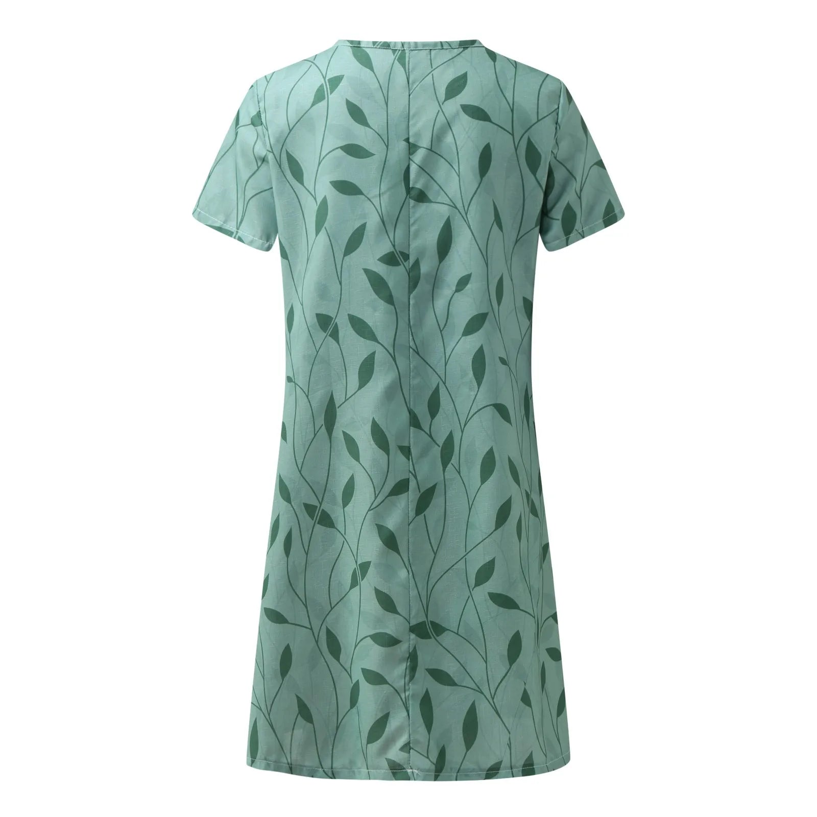 Abito verde a maniche corte con motivo foglie, design elegante e moderno, perfetto per la moda estiva femminile. Tessuto leggero e confortevole.