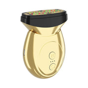 Dispositivo massaggiatore facciale dorato, portatile, con tecnologia LED per cura della pelle, ricaricabile via USB, design ergonomico.