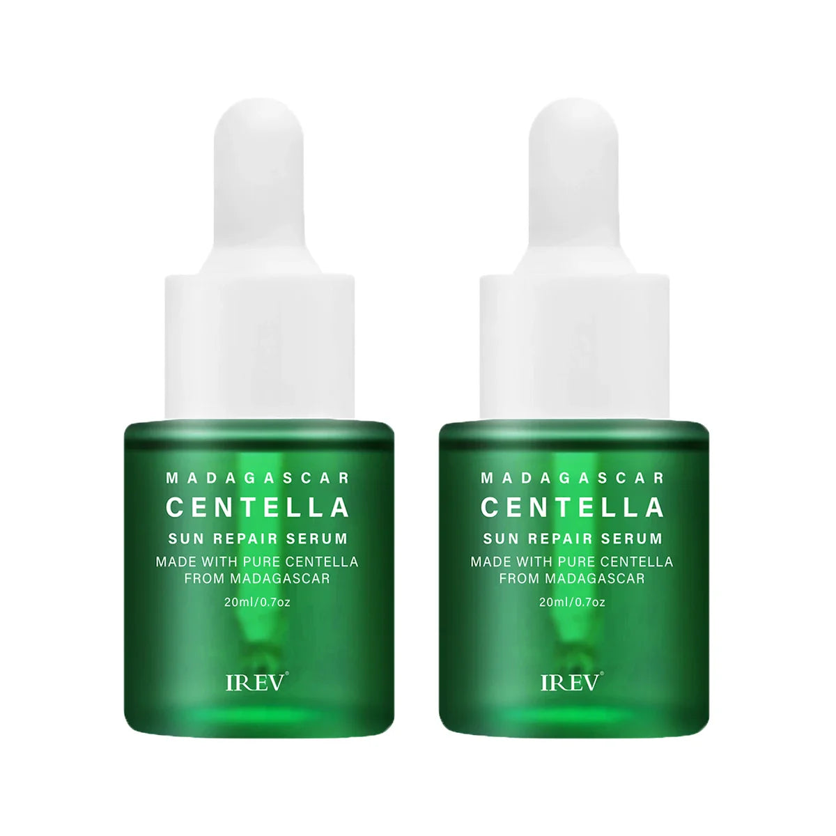 Due flaconi di siero riparatore solare Centella Madagascar da 20ml, con estratto puro di centella, marchio IREV, su sfondo bianco.
