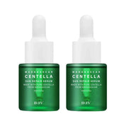 Due flaconi di siero riparatore solare Centella Madagascar da 20ml, con estratto puro di centella, marchio IREV, su sfondo bianco.